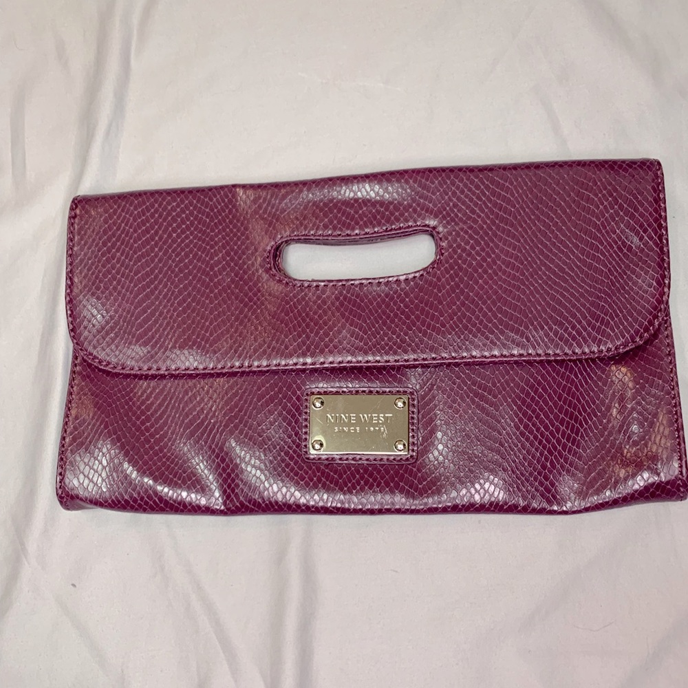Nine West Faux leather purple snake print clutch